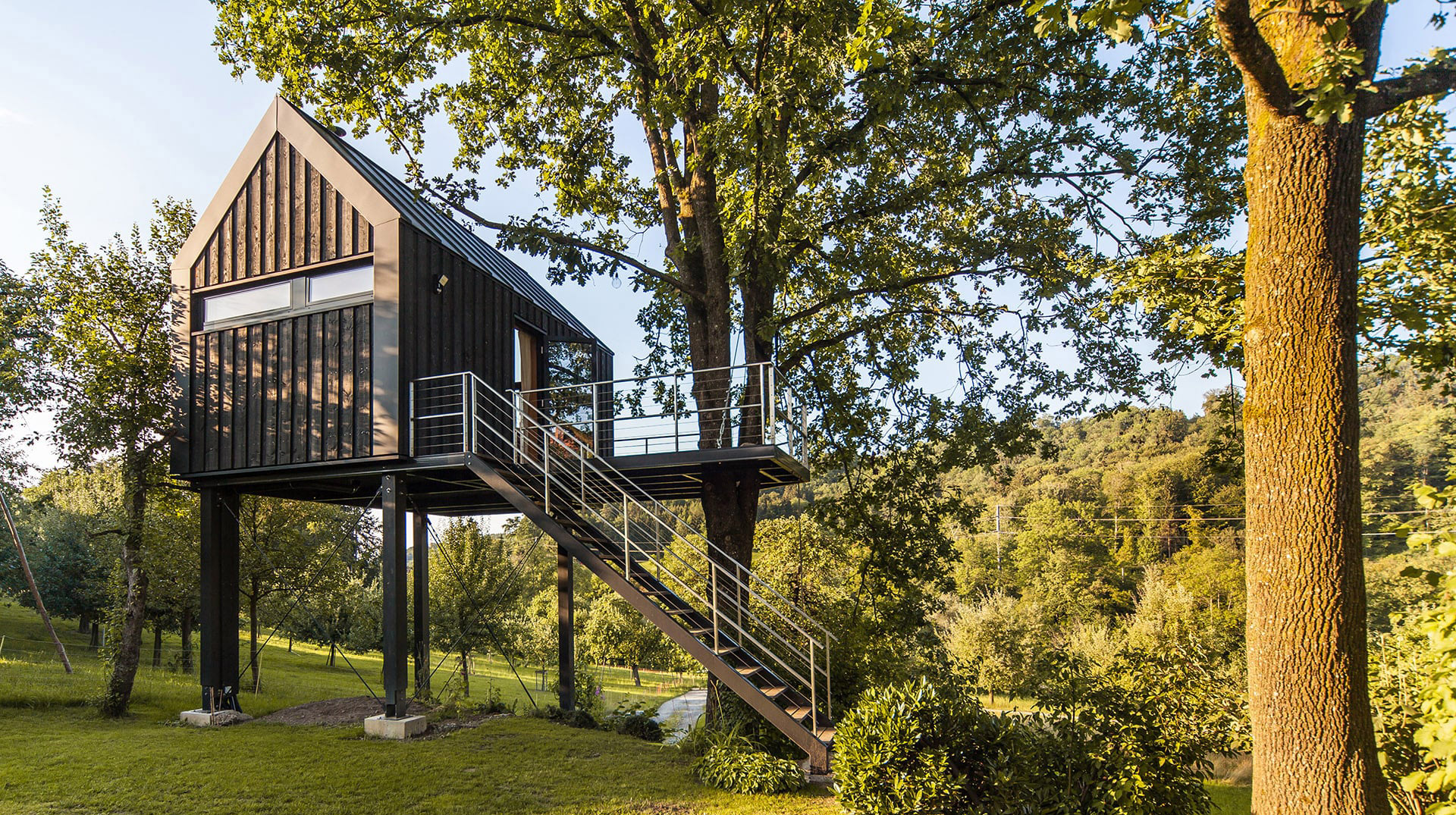 Tree house in Switzerland. A comfortable environment among the leaves of the trees