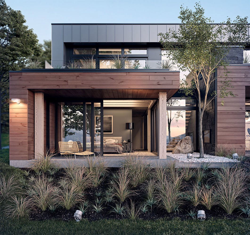 Contemporary wooden house. A model of original modular houses ready for installation