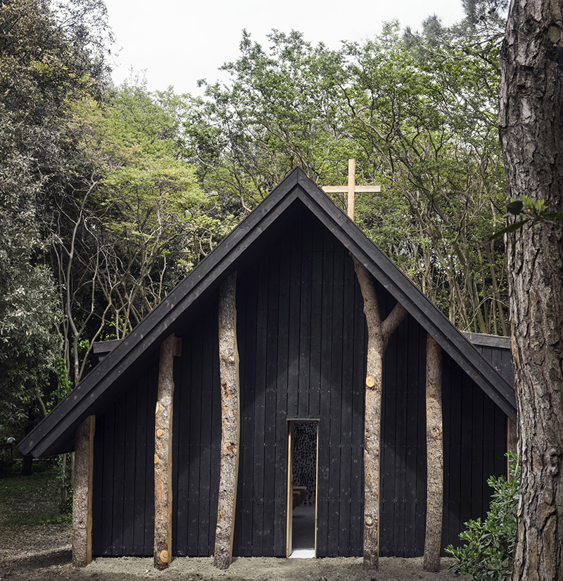 Exterior of the Chapel at the Venice Biennale in dark wood