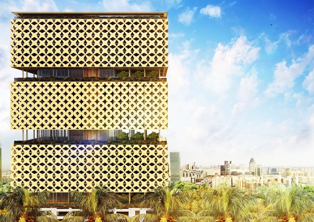 Render of a wooden tower with green terraces