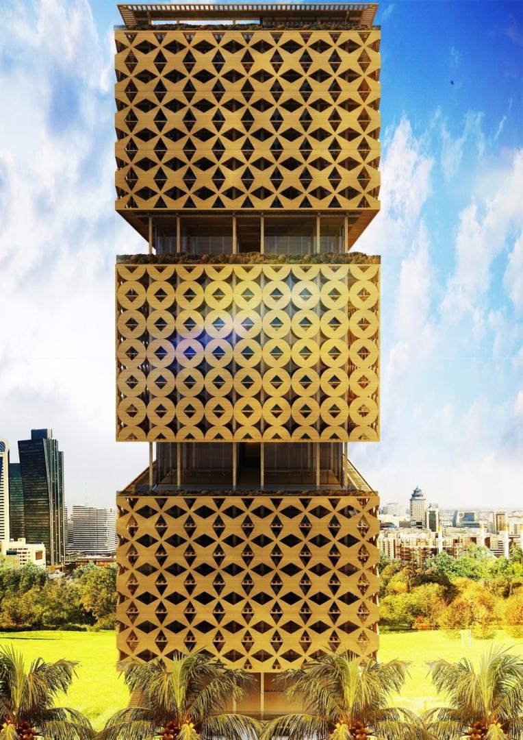 Render di una torre in legno con terrazze verdi