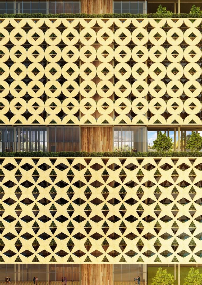 Render di una torre in legno con terrazze verdi