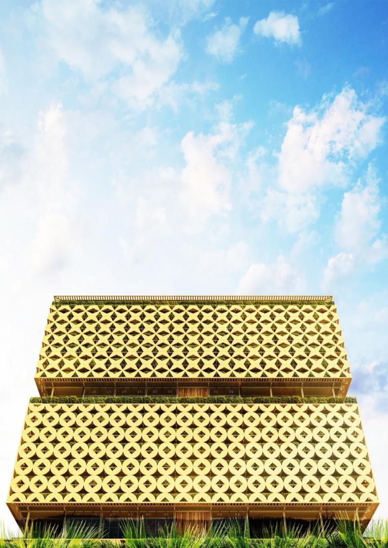 Render di una torre in legno con terrazze verdi