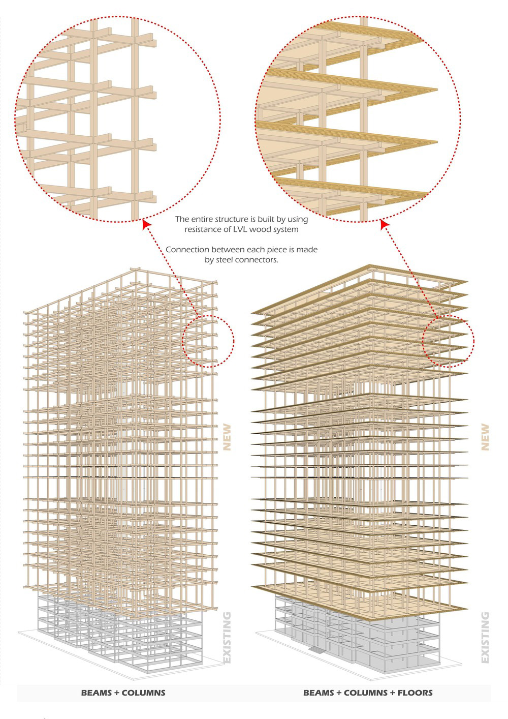 Study of the structure and zoom on the nodes of a wooden tower