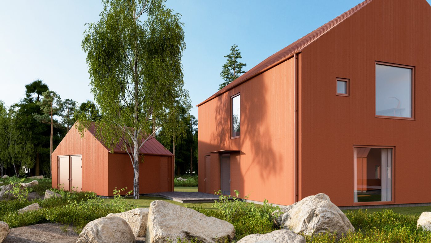Villas with red painted wooden cladding