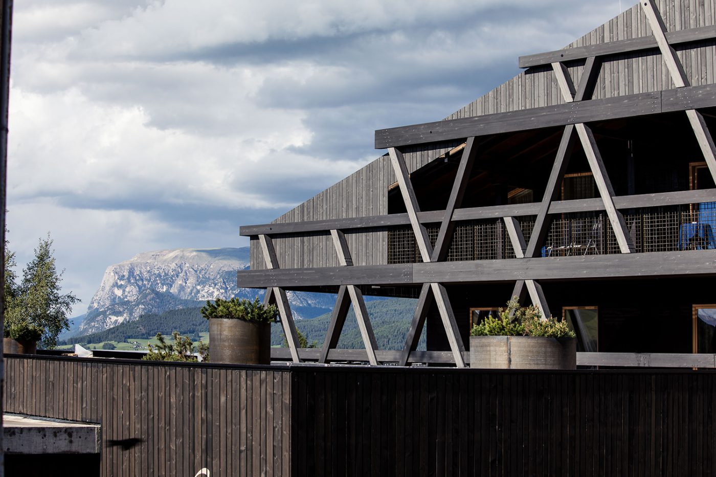 Facade of a hotel in South Tyrol in laminated wood