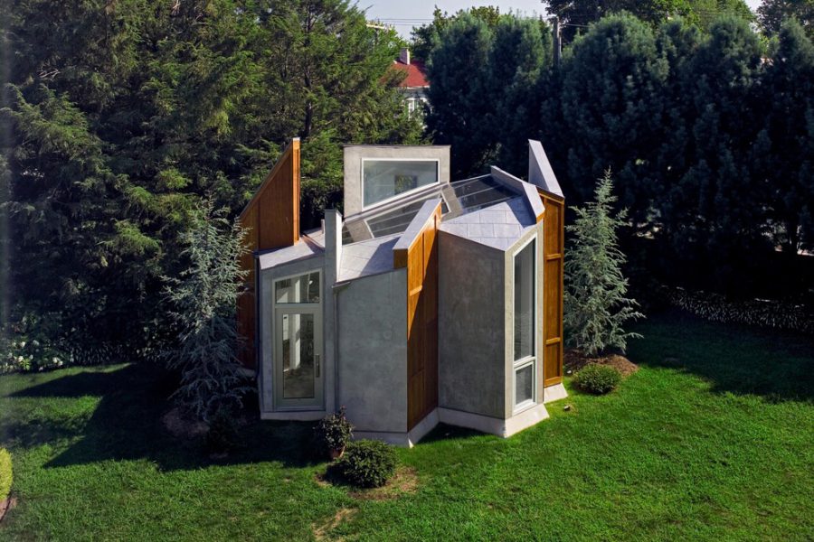 Laboratory with wooden frame surrounded by greenery