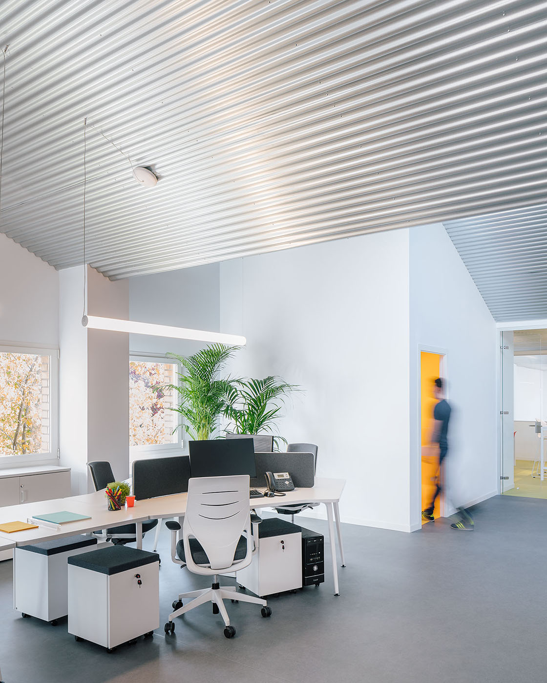 Renovated late 20th century industrial warehouse. Office and warehouse for an advertising company