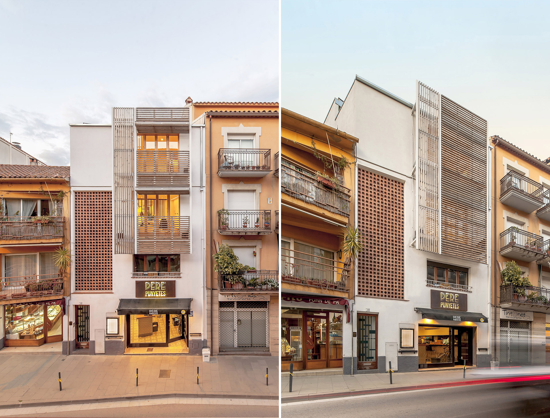 Renovation of a building in Catalonia. Wooden staves reinterpret the facade