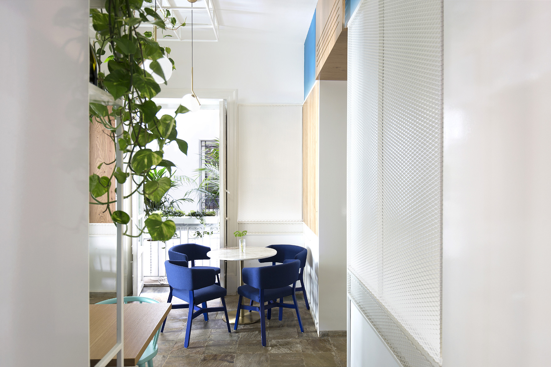 restaurant room with colorful chairs