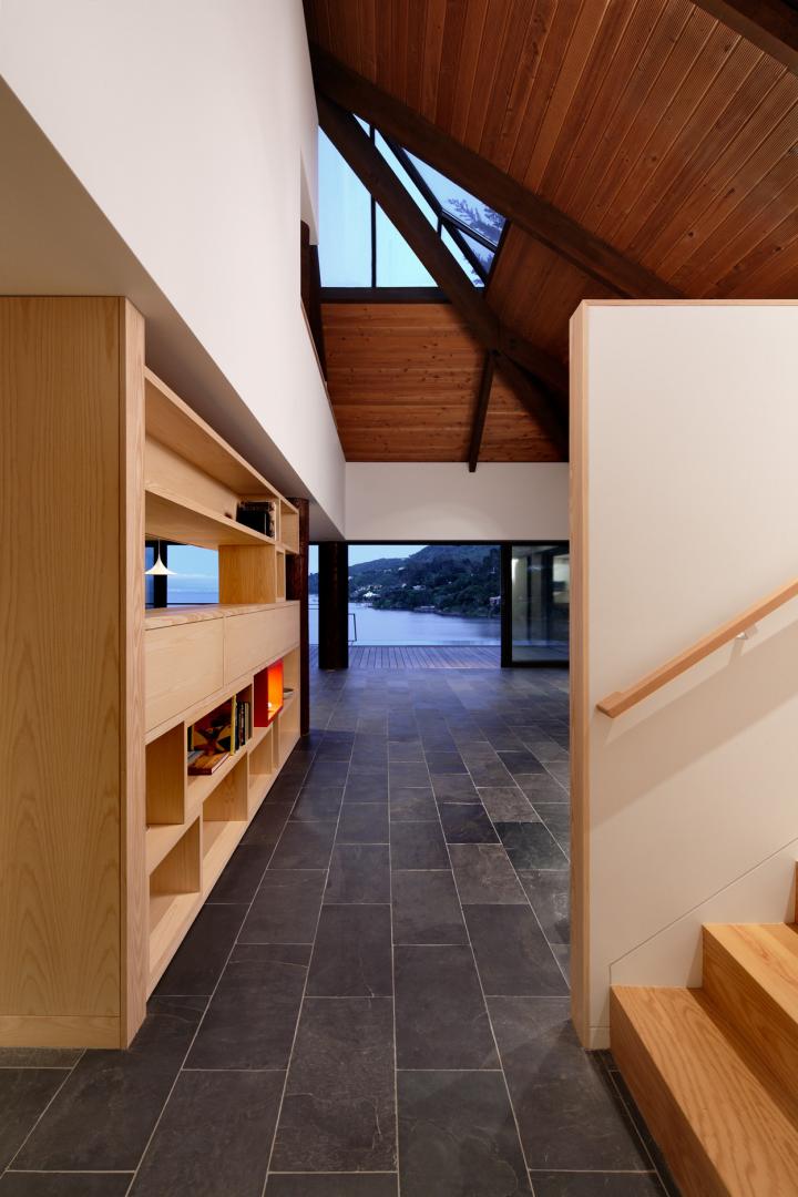 The exterior wooden path overlooking the lake