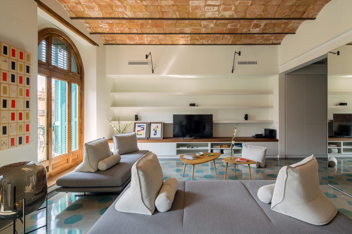 Interior with brick ceiling