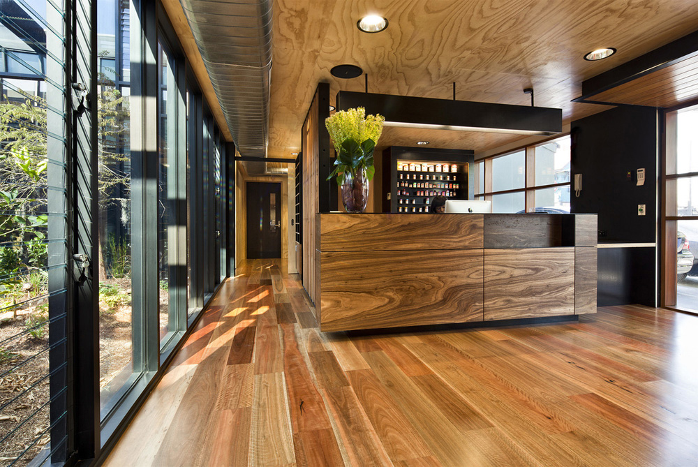 Wooden interior and black window