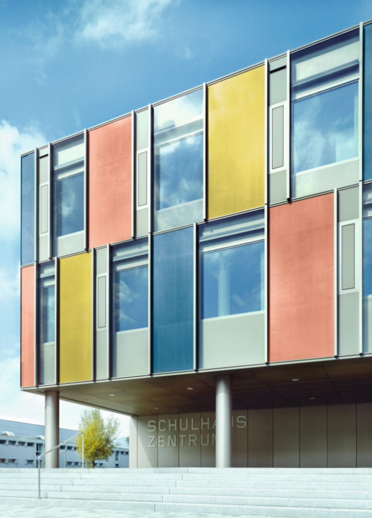 Colored glass panels for a school