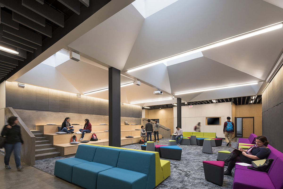 Campus lounge with colourful sofas