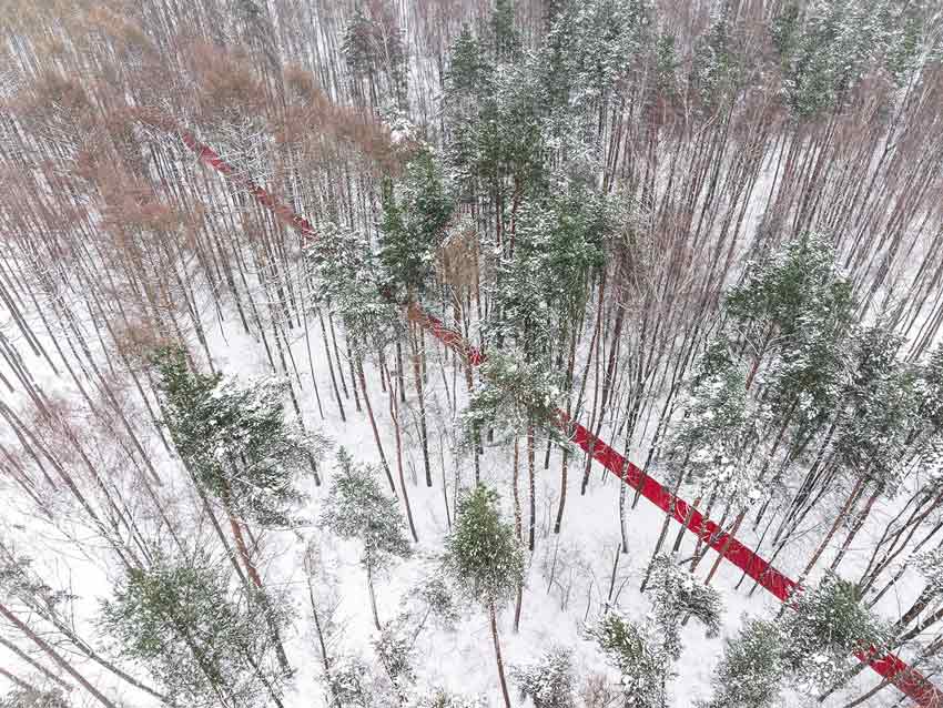 Nowhere. A red thread in the white landscape, effects of perspective and infinity