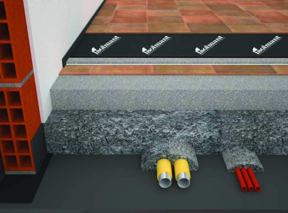 Render stratigrafia pavimento radiante isolato acusticamente con sistema pavimento Isolmant
