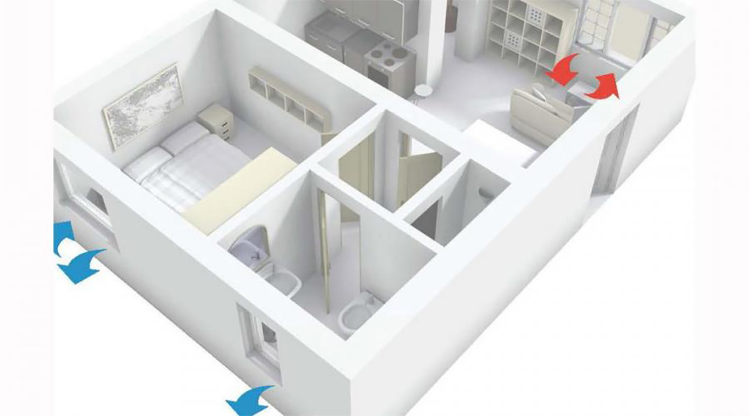 Render sistema DF-VMC De Faveri per la Ventilazione Meccanica Controllata
