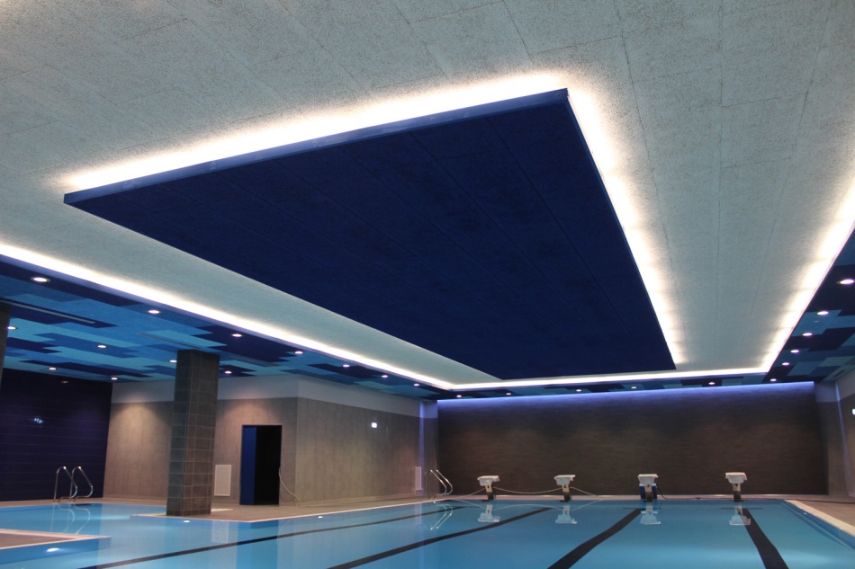 Swimming pool with sound-absorbing ceiling panel