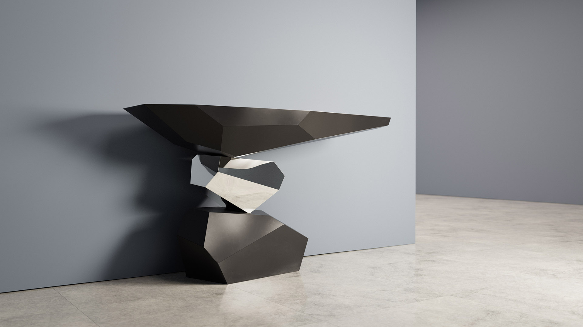 Console table inspired by Japanese rock gardens. Geometric shapes in balance