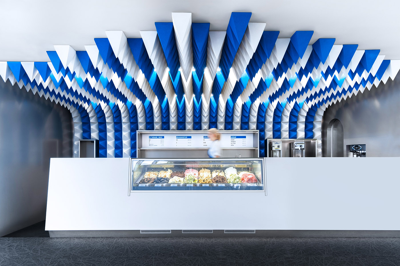Games of geometries and colors. An ice cream shop in Reykjavík is inspired by an abstract ice cave