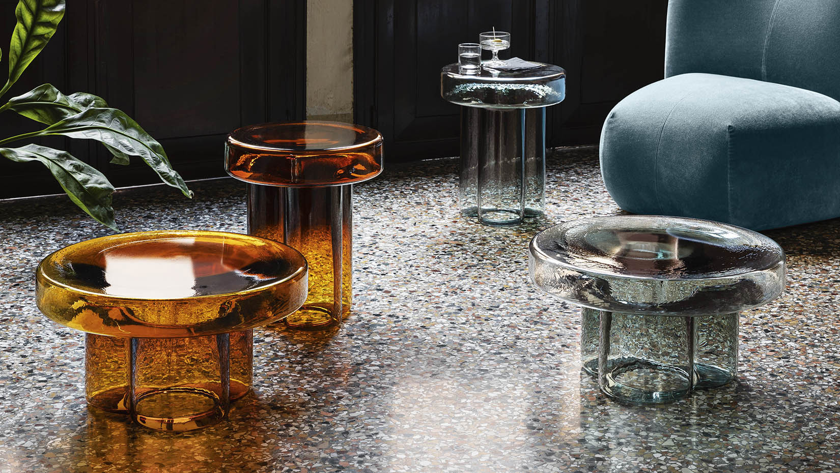 Soda tables. Blown glass for handcrafted furniture with a unique design
