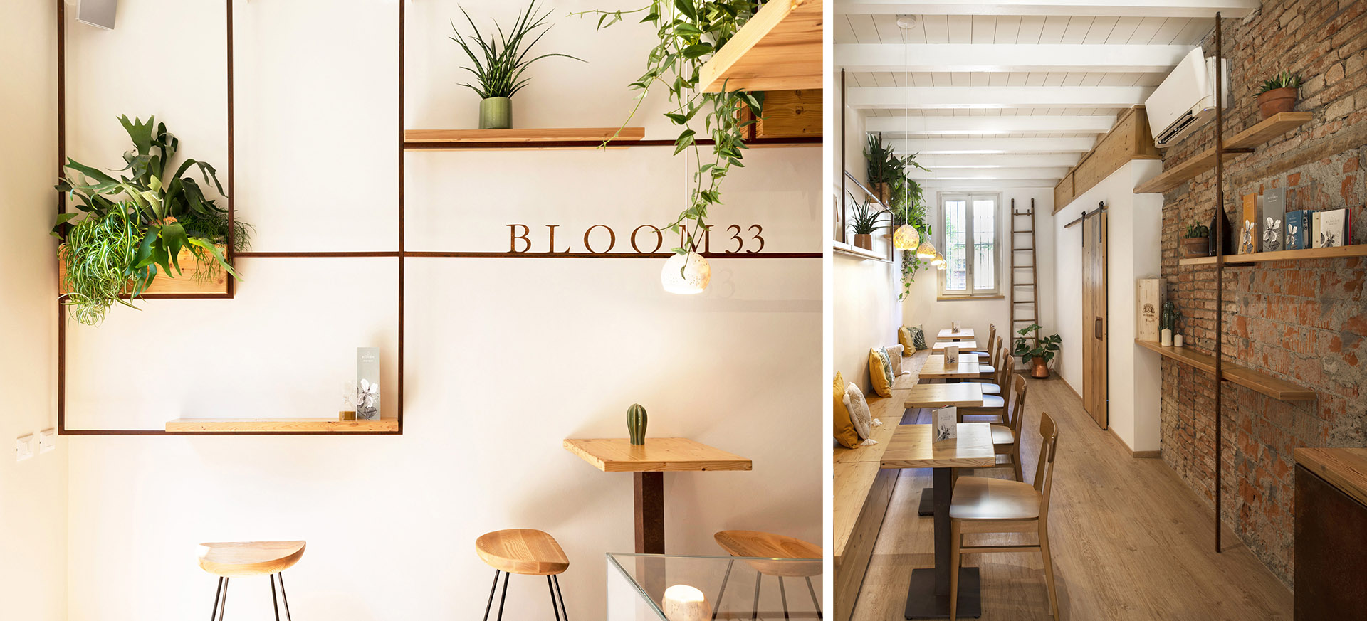 Design with sleek lines and a natural moodboard for Bloom 33 Botanic Bar in via Mazzini in Crema