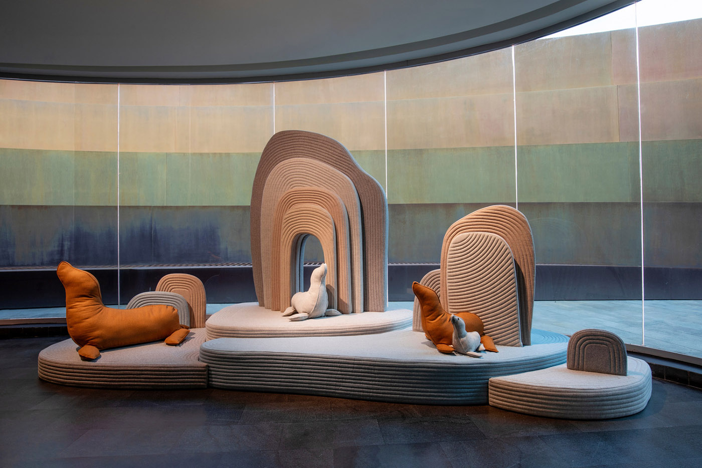 Installation by Sarit Shani Hay. A playful landscape inhabited by soft creatures