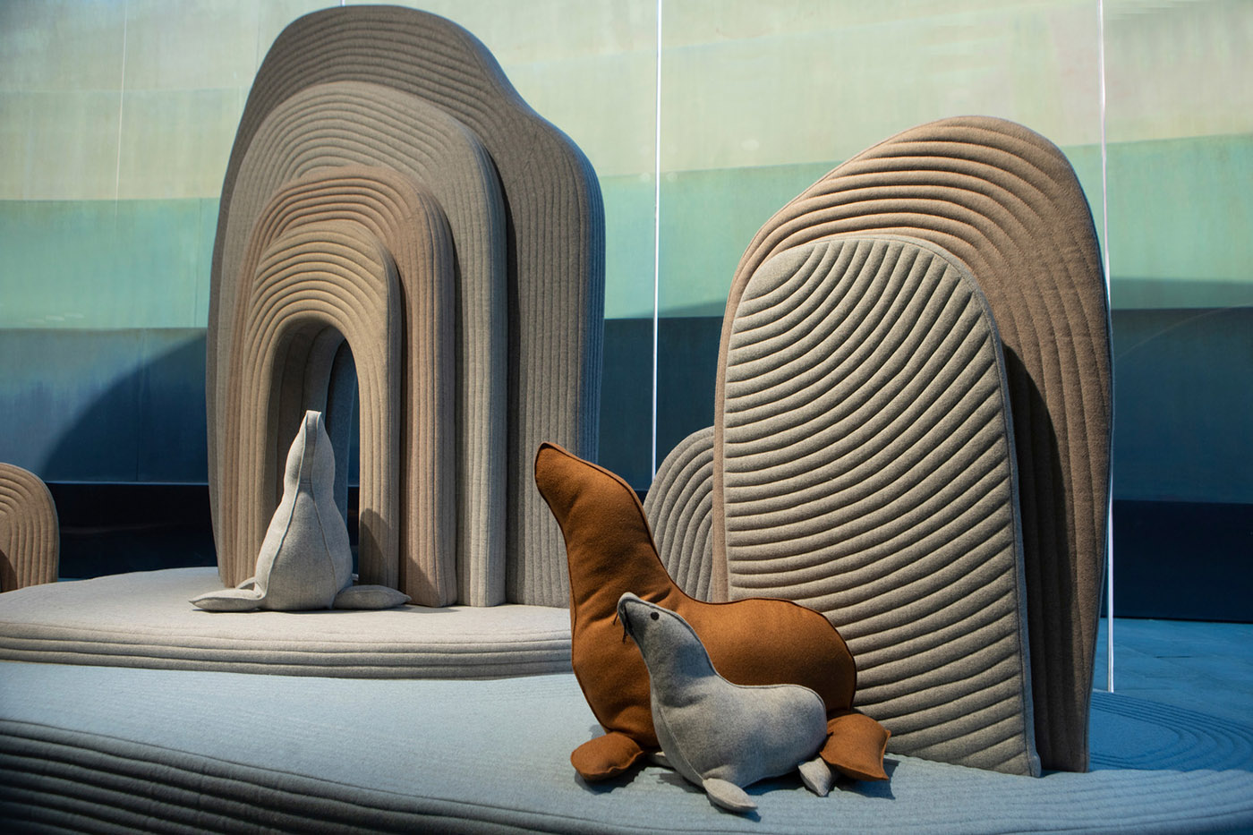 Installation by Sarit Shani Hay. A playful landscape inhabited by soft creatures