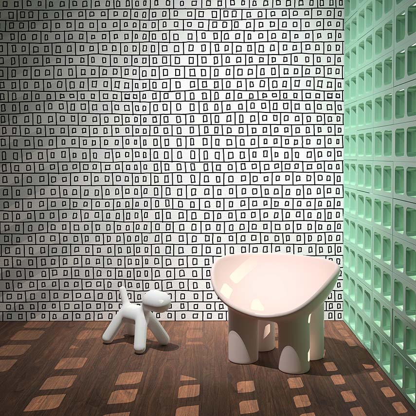 Collection de papier peint pour Rollout inspirée par les finitions architecturales, dessinée à la main et personnalisable