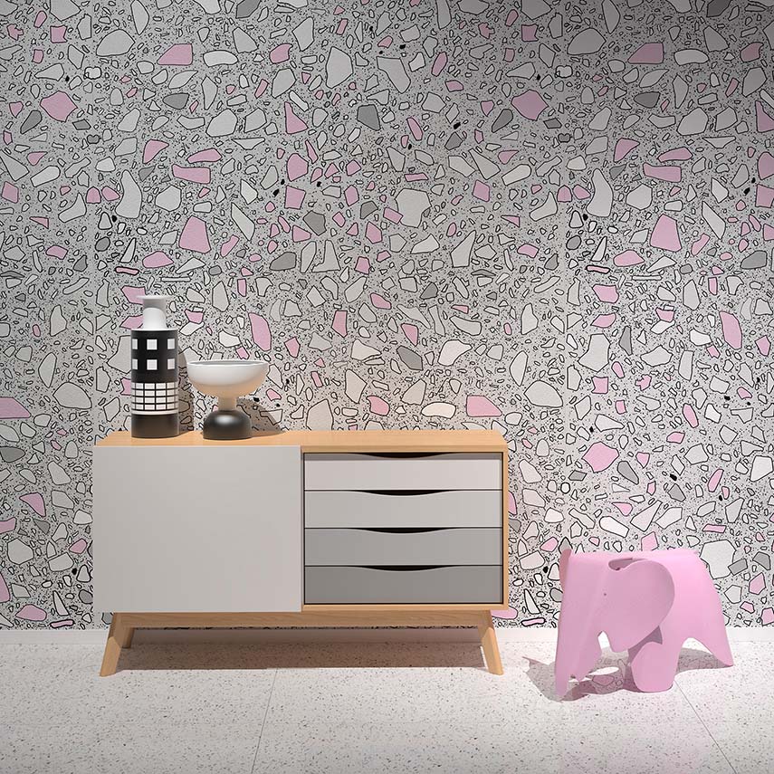 Collection de papier peint pour Rollout inspirée par les finitions architecturales, dessinée à la main et personnalisable