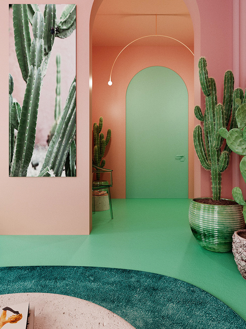 ingresso pavimento verde e pareti rosa