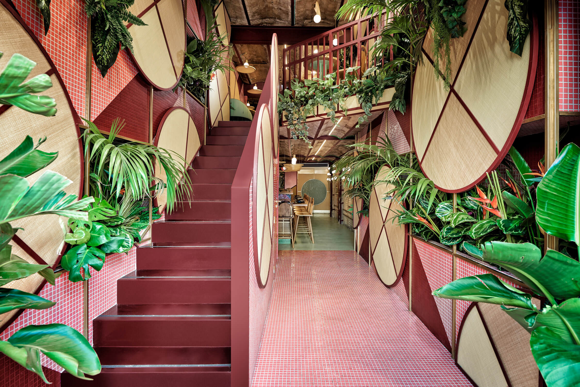 Interior of the restaurant in tropical tones