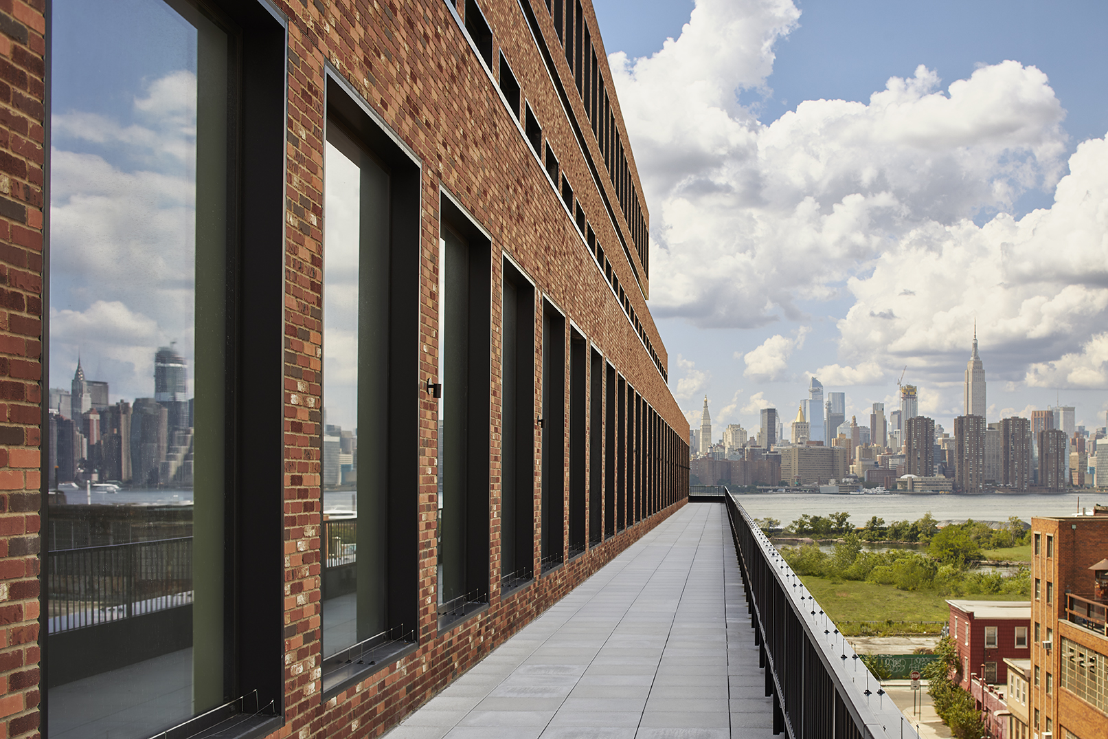 New York brick office building and glass terrace
