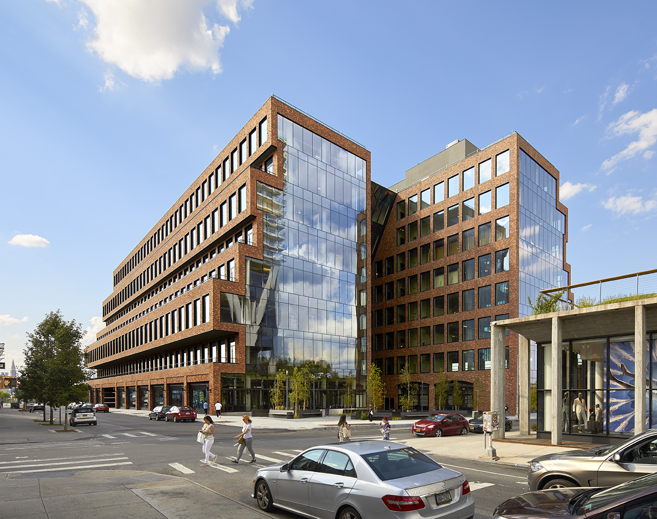 New York brick office building and glass terrace