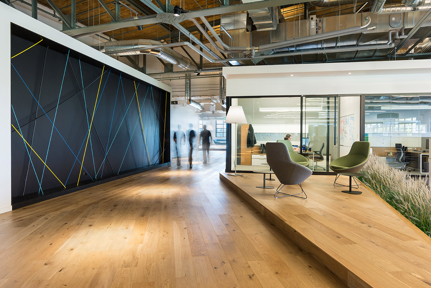 offices stained glass wooden floor