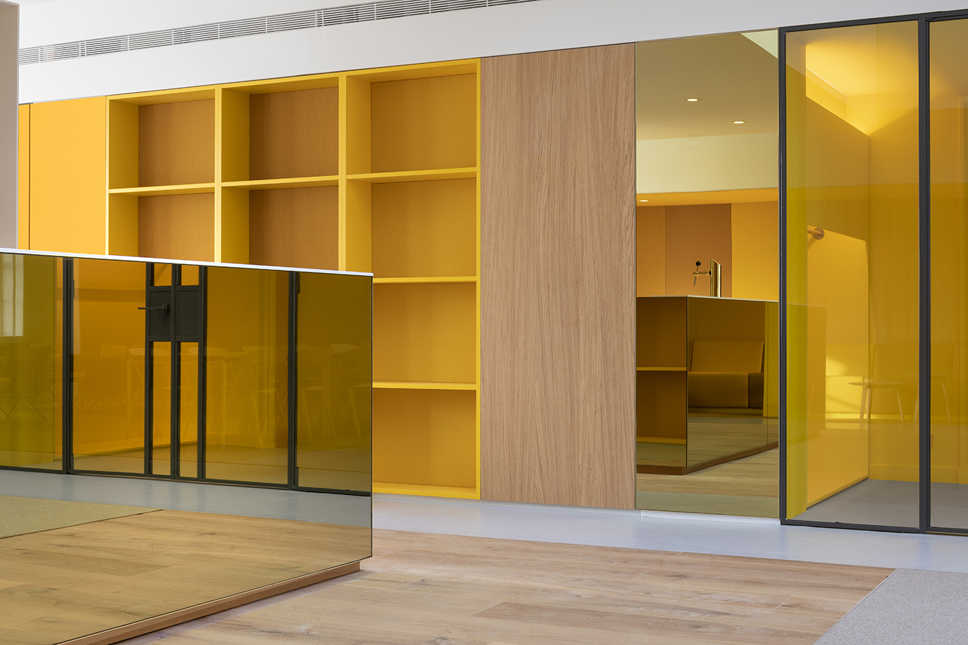 Felix Meritis Amsterdam yellow bookcase reception mirror