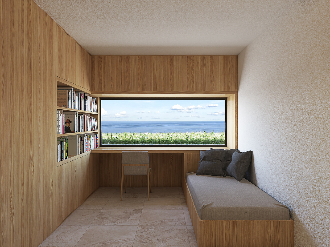glass villa panorama staircase and wooden bookcase