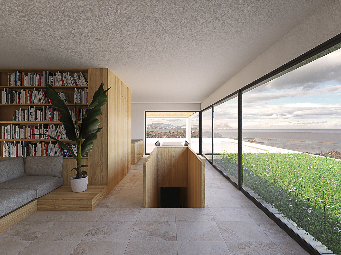 glass villa panorama staircase and wooden bookcase