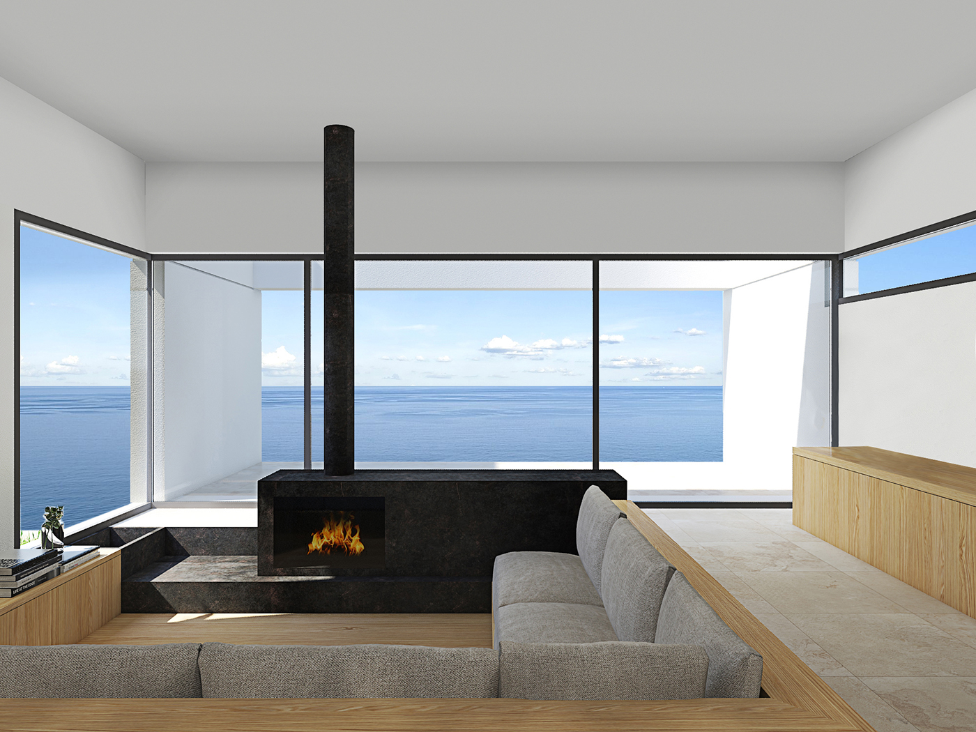 glass villa panorama staircase and wooden bookcase