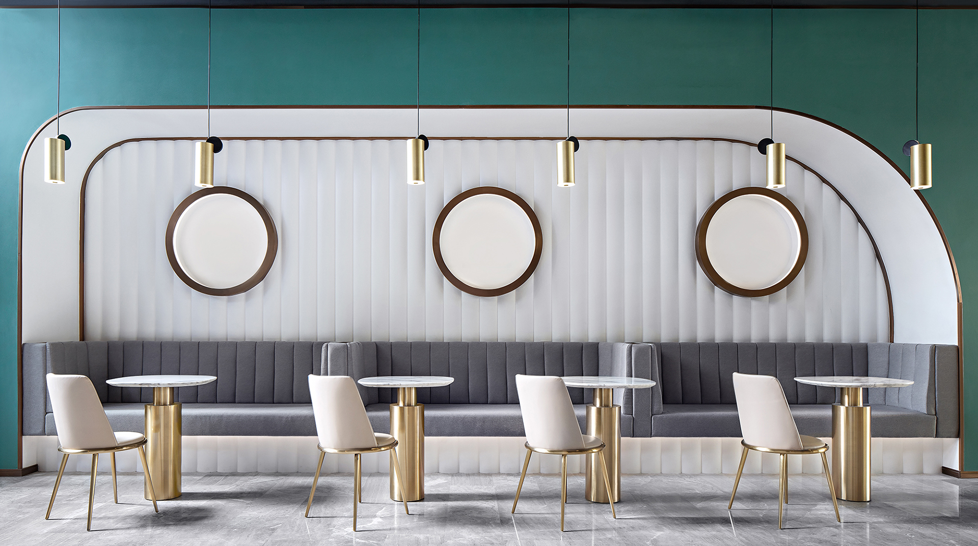 cafeteria wall cladding mirror table metal gold