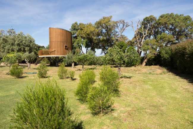 Wooden house in the treetops. Emphasis on smell, touch and comfort in the interior