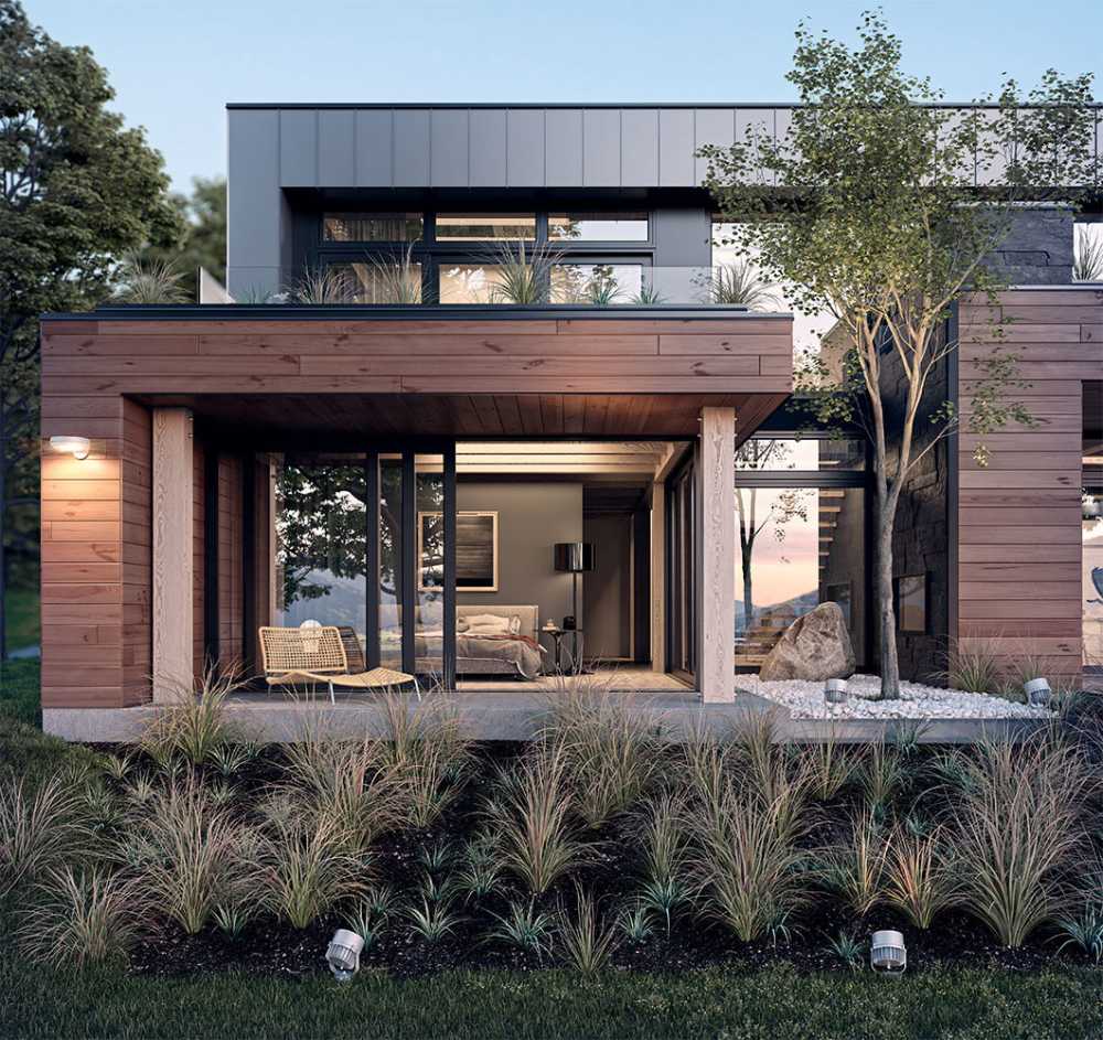 Contemporary wooden house. A model of original modular houses ready for installation