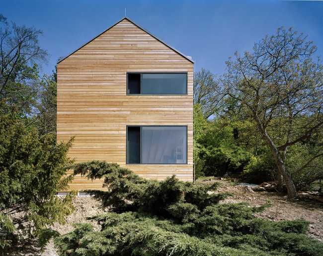 Summer villa outside Prague. Larch cladding for a solidly shaped wooden house