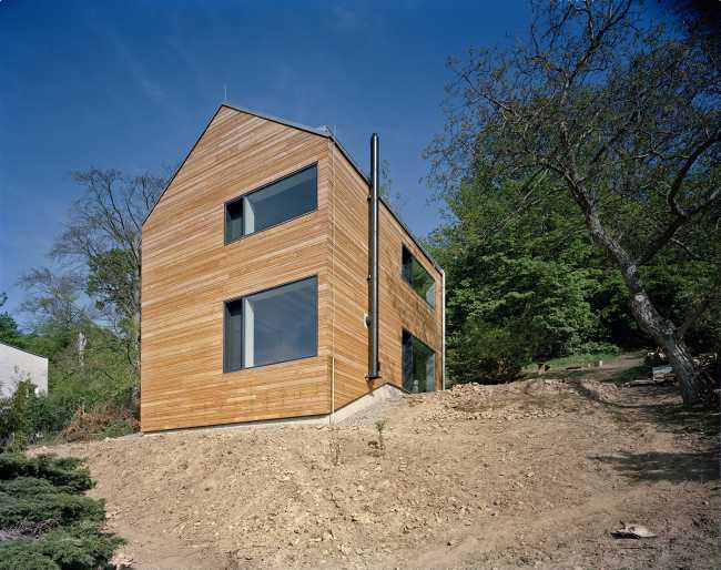 Summer villa outside Prague. Larch cladding for a solidly shaped wooden house