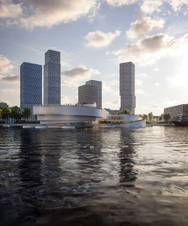 Iconic maritime centre in Rotterdam. Organic building contrasts with the port's industrial design