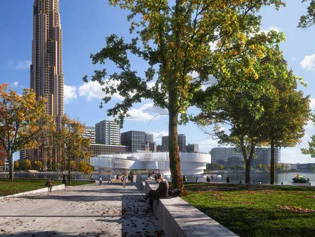 Iconic maritime centre in Rotterdam. Organic building contrasts with the port's industrial design