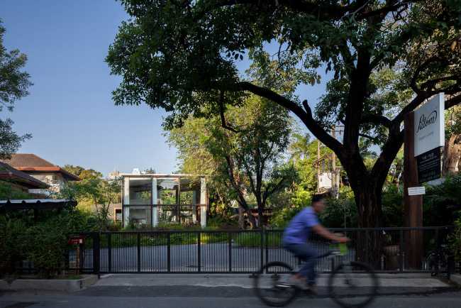 Showroom en verre avec structure en bois. La transparence révèle un luxuriant jardin environnant