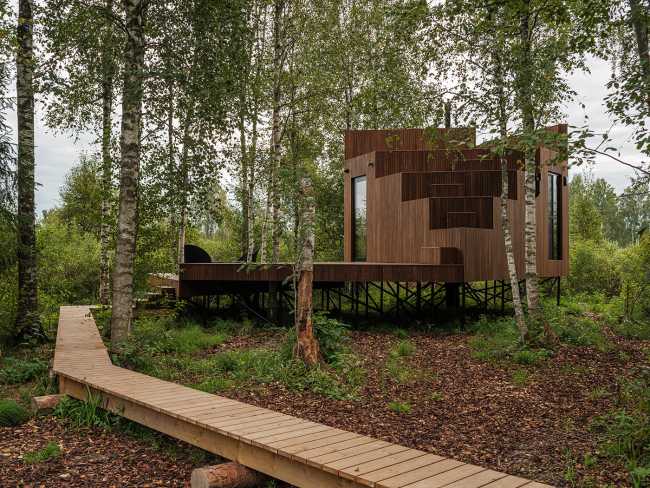 Petit hôtel en bordure d'un marais. Des bouleaux entourent la chambre d'hôtel