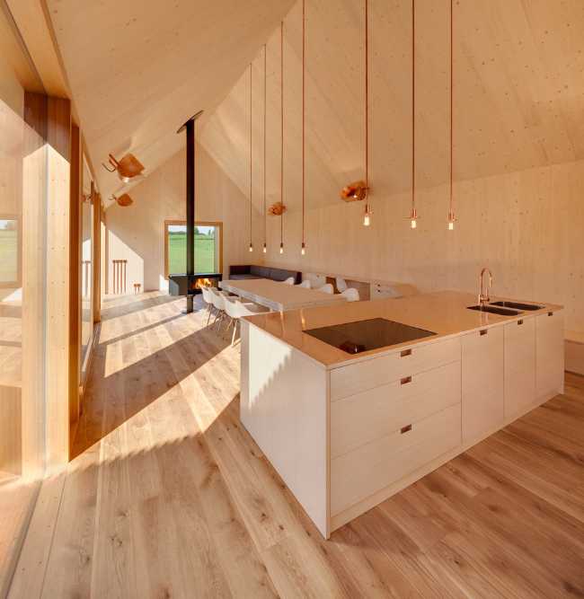 Minimal design for a wooden house. Harmony between the larch wood exterior and the landscape